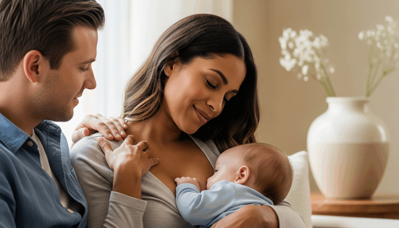 Madre amamantando a su bebé, en un ambiente tranquilo, con apoyo familiar
